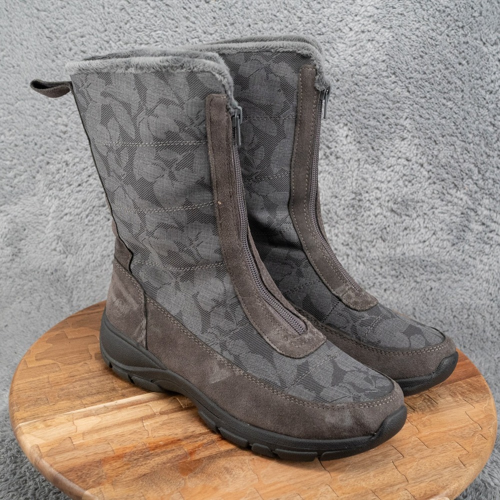 Lands' End Womens Suede Leaf Print Zip-Up Mid Calf Winter Boots Sz 9.5 B